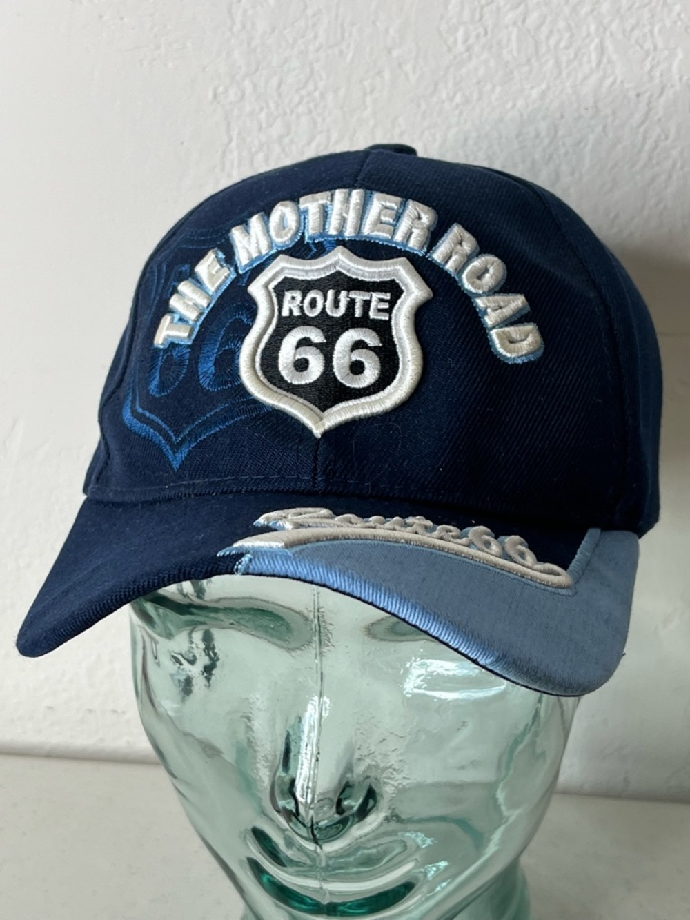Route 66 Embroidered Baseball Cap - Navy Blue with Light Blue Trim